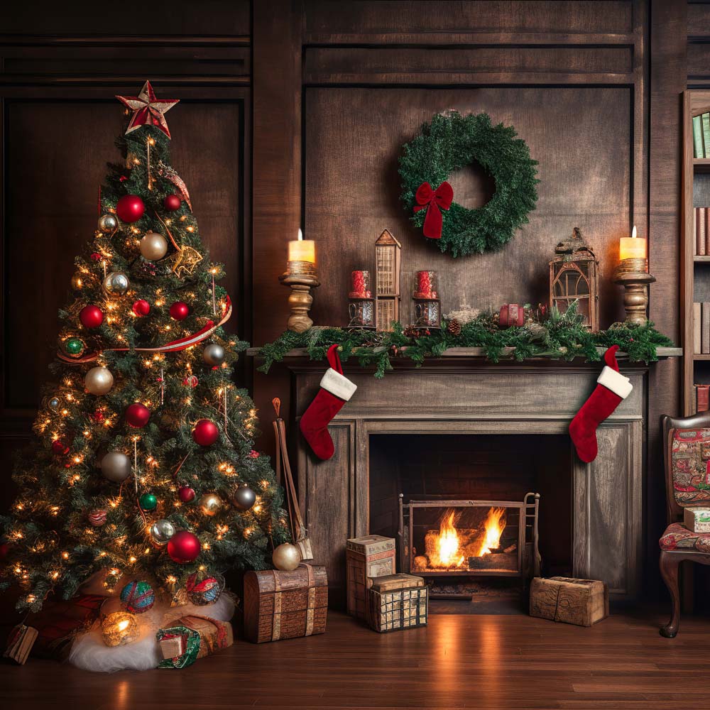 Kate Christmas Tree Fireplace Winter Backdrop for Photography - Image 5