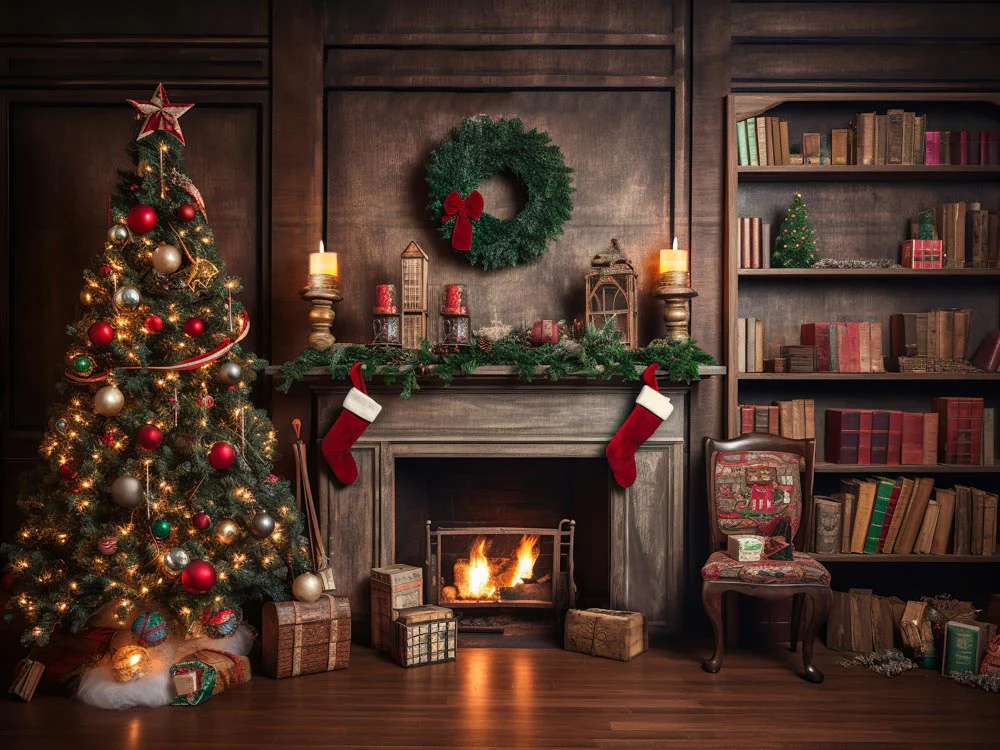 Kate Christmas Tree Fireplace Winter Backdrop for Photography - Image 9
