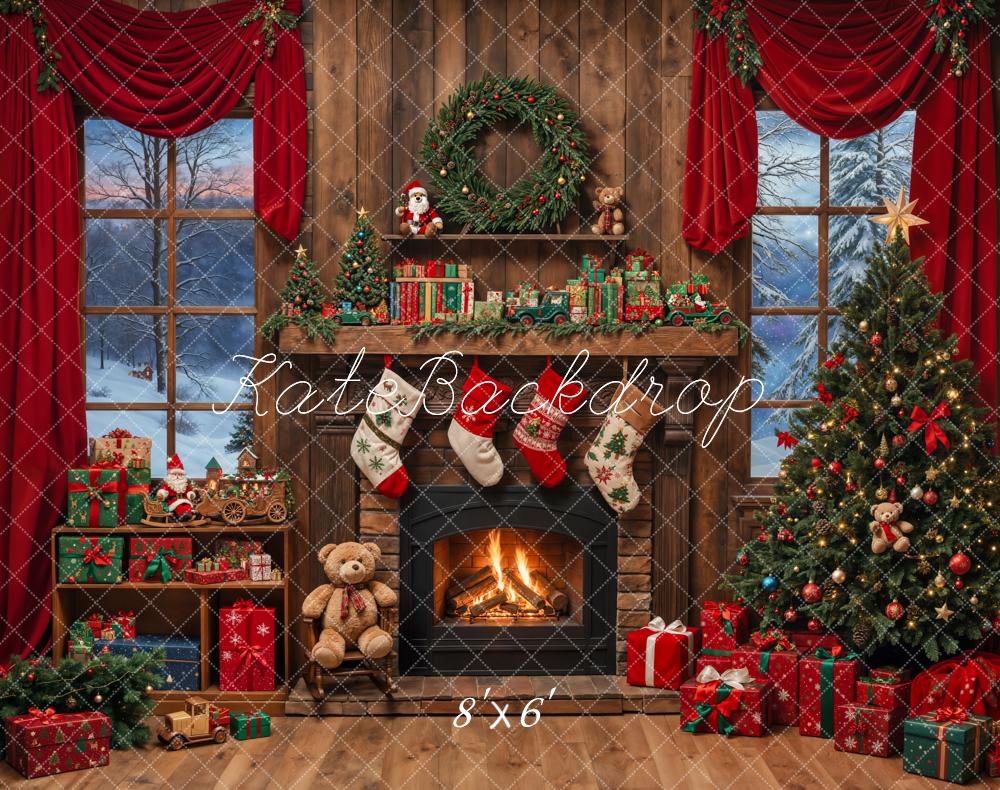 Kate Christmas Tree Fireplace Wooden Fleece Backdrop Designed by Emetselch - Image 2