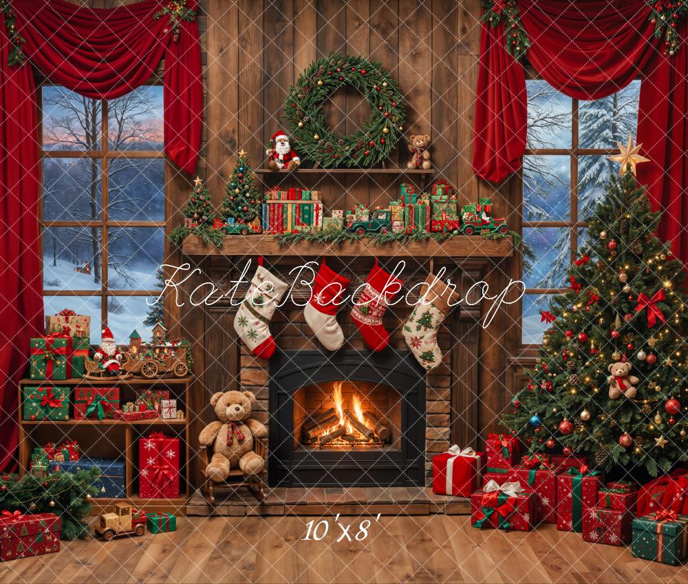 Kate Christmas Tree Fireplace Wooden Fleece Backdrop Designed by Emetselch - Image 3