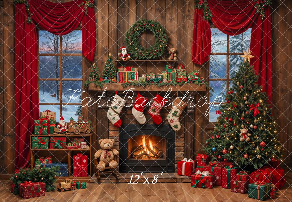 Kate Christmas Tree Fireplace Wooden Fleece Backdrop Designed by Emetselch - Image 4