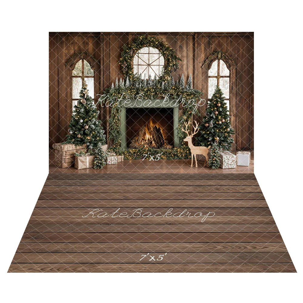 Kate Christmas Tree Fireplace Wreath Deer Backdrop+Wood Brown Floor Backdrop - Image 2