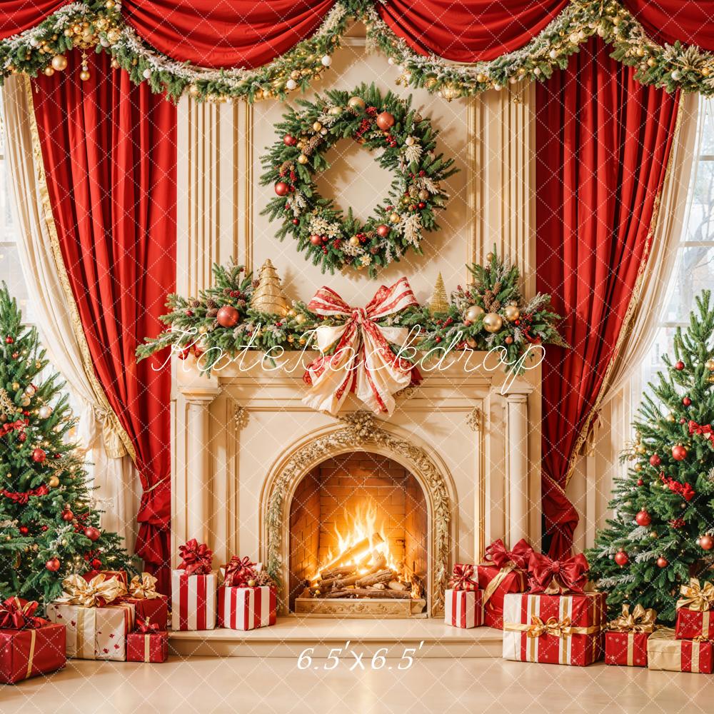 Kate Christmas Tree Fireplace Wreath Red Backdrop Designed by Emetselch - Image 2