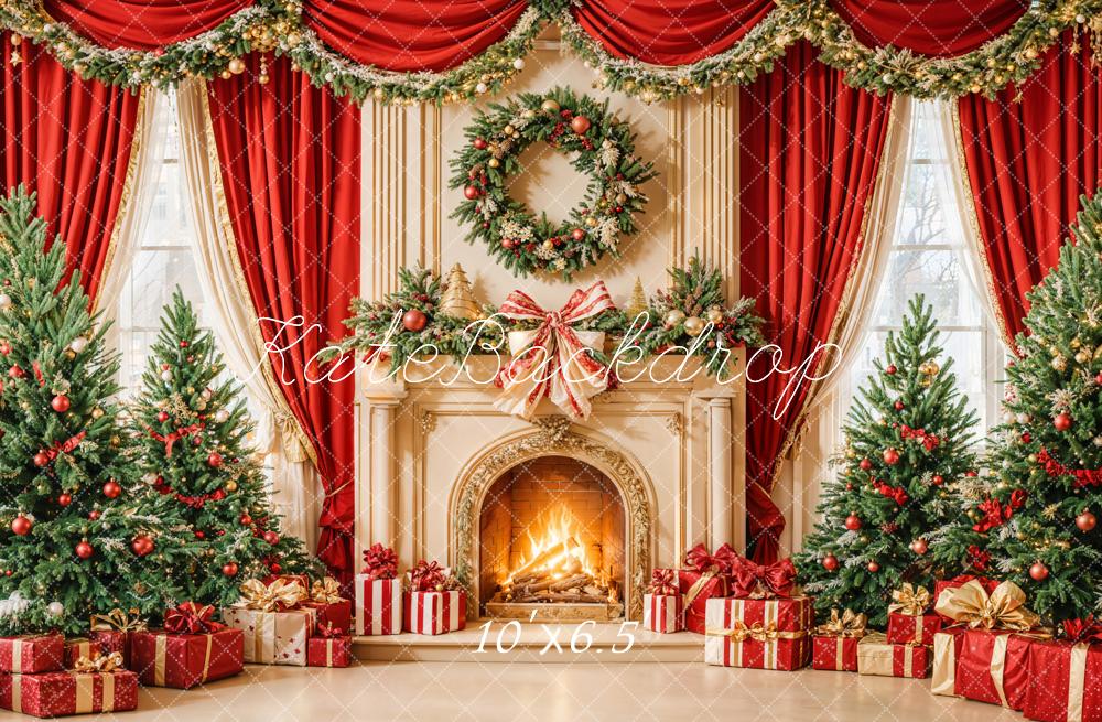 Kate Christmas Tree Fireplace Wreath Red Backdrop Designed by Emetselch - Image 4