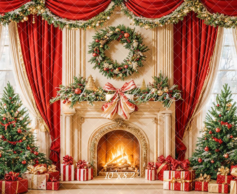 Kate Christmas Tree Fireplace Wreath Red Backdrop Designed by Emetselch - Image 5