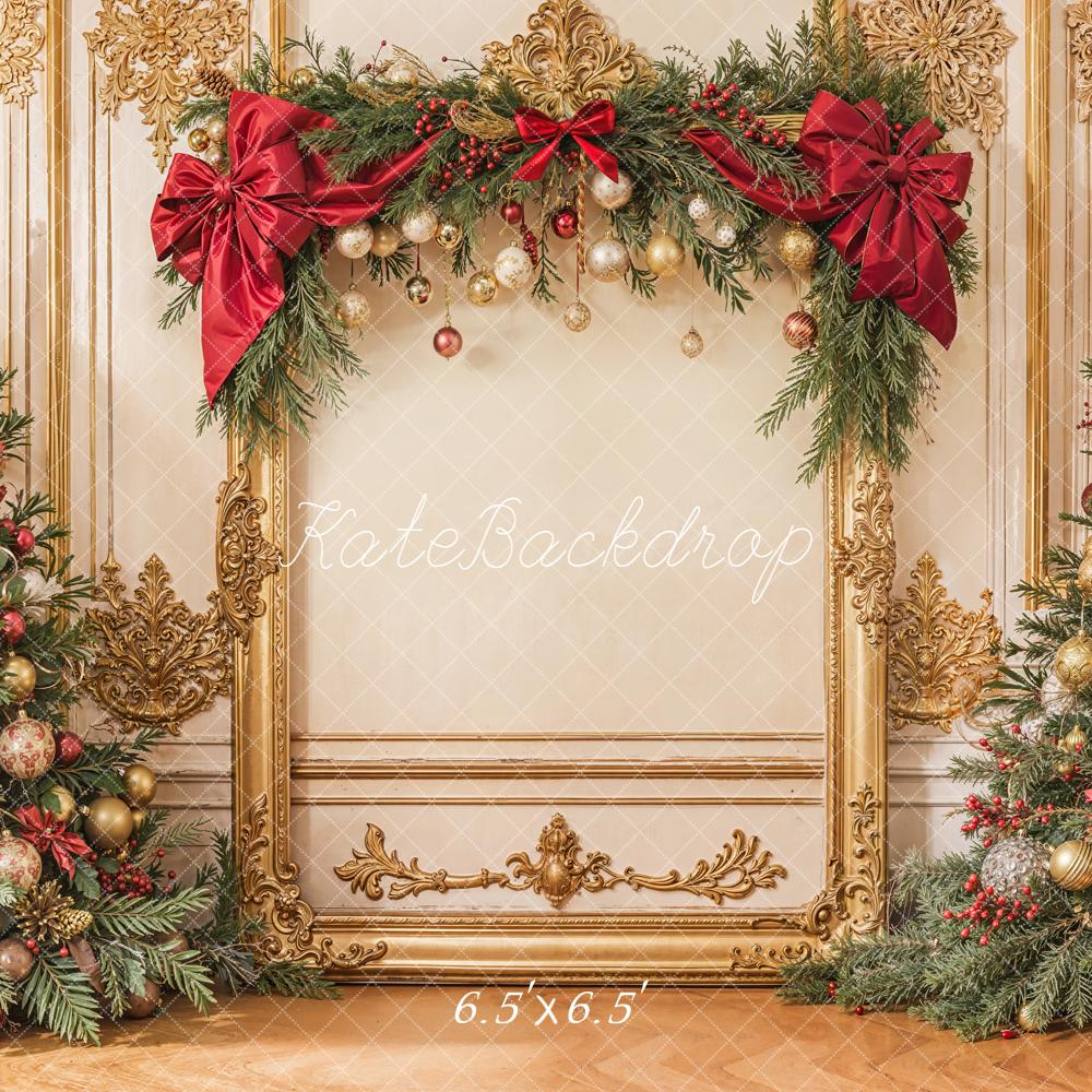 Kate Christmas Tree Gold Frame Red Bow Backdrop Designed by Emetselch - Image 3