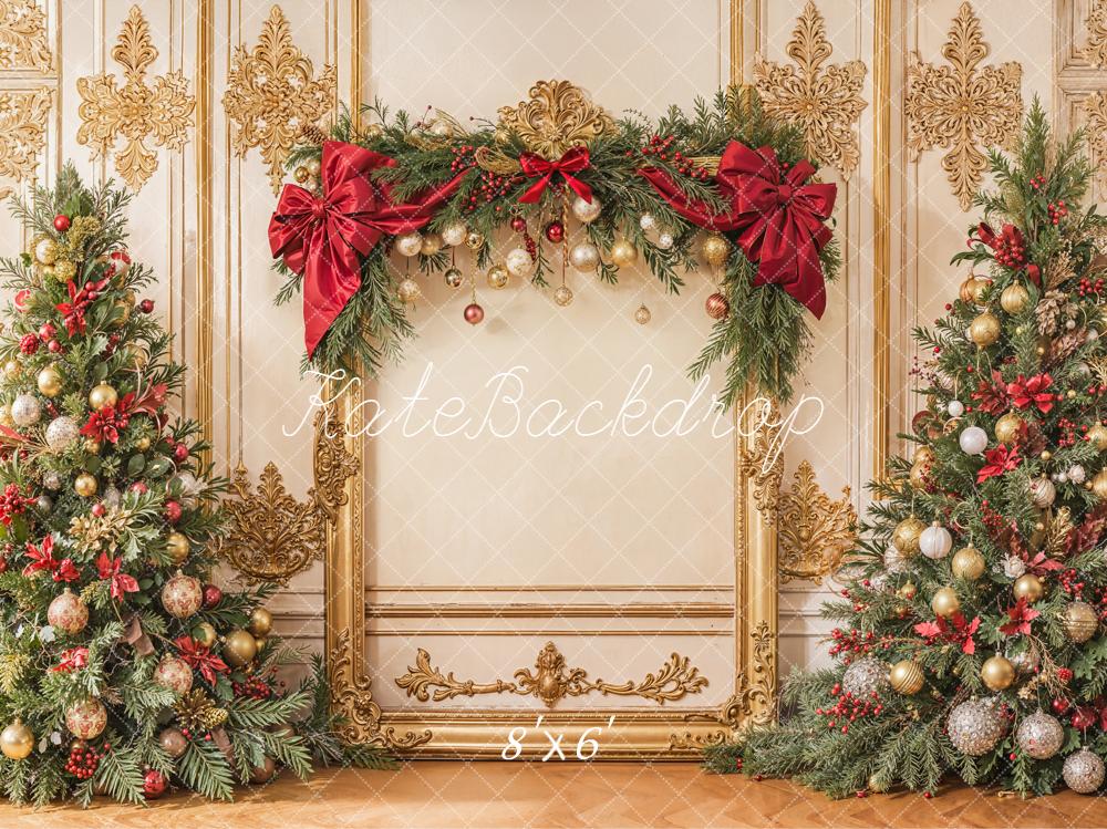Kate Christmas Tree Gold Frame Red Bow Backdrop Designed by Emetselch - Image 4