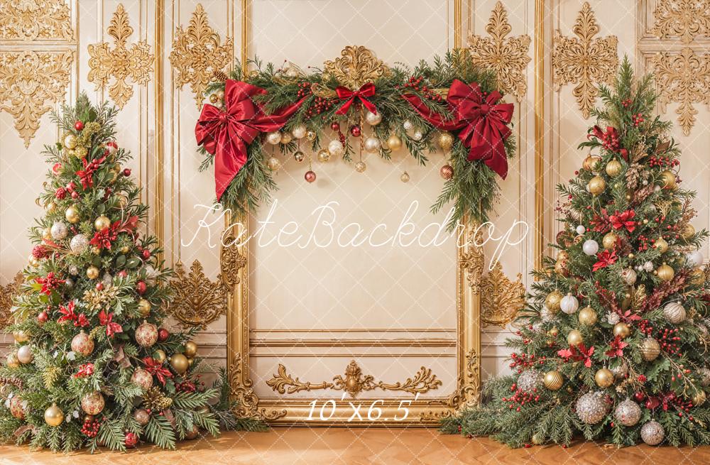 Kate Christmas Tree Gold Frame Red Bow Backdrop Designed by Emetselch - Image 5