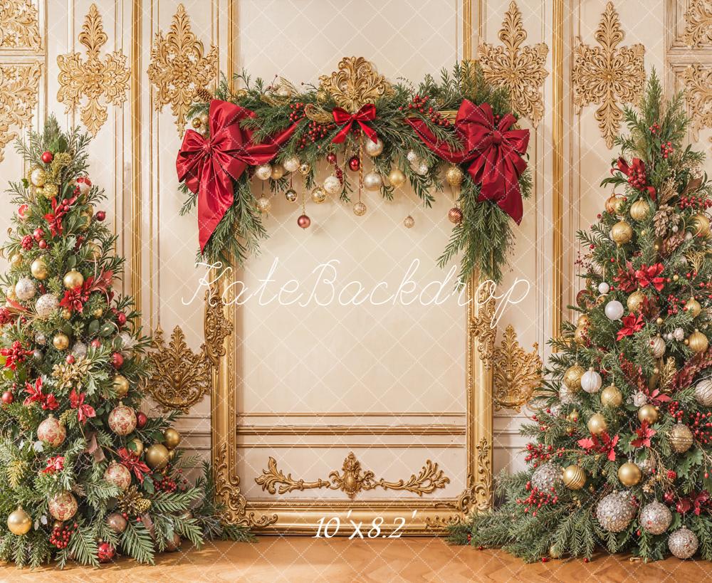 Kate Christmas Tree Gold Frame Red Bow Backdrop Designed by Emetselch - Image 6