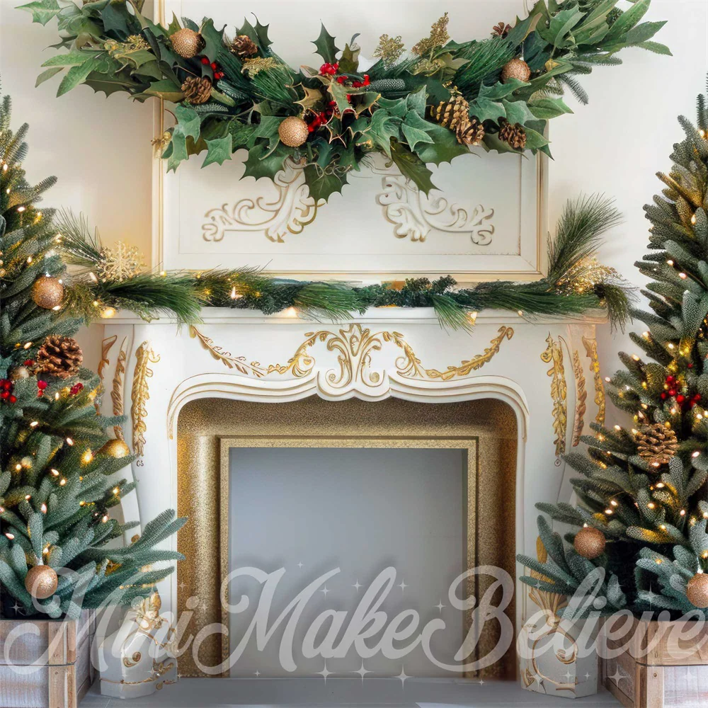 Kate Christmas Tree Golden White Fireplace Backdrop Designed by Mini MakeBelieve - Image 2