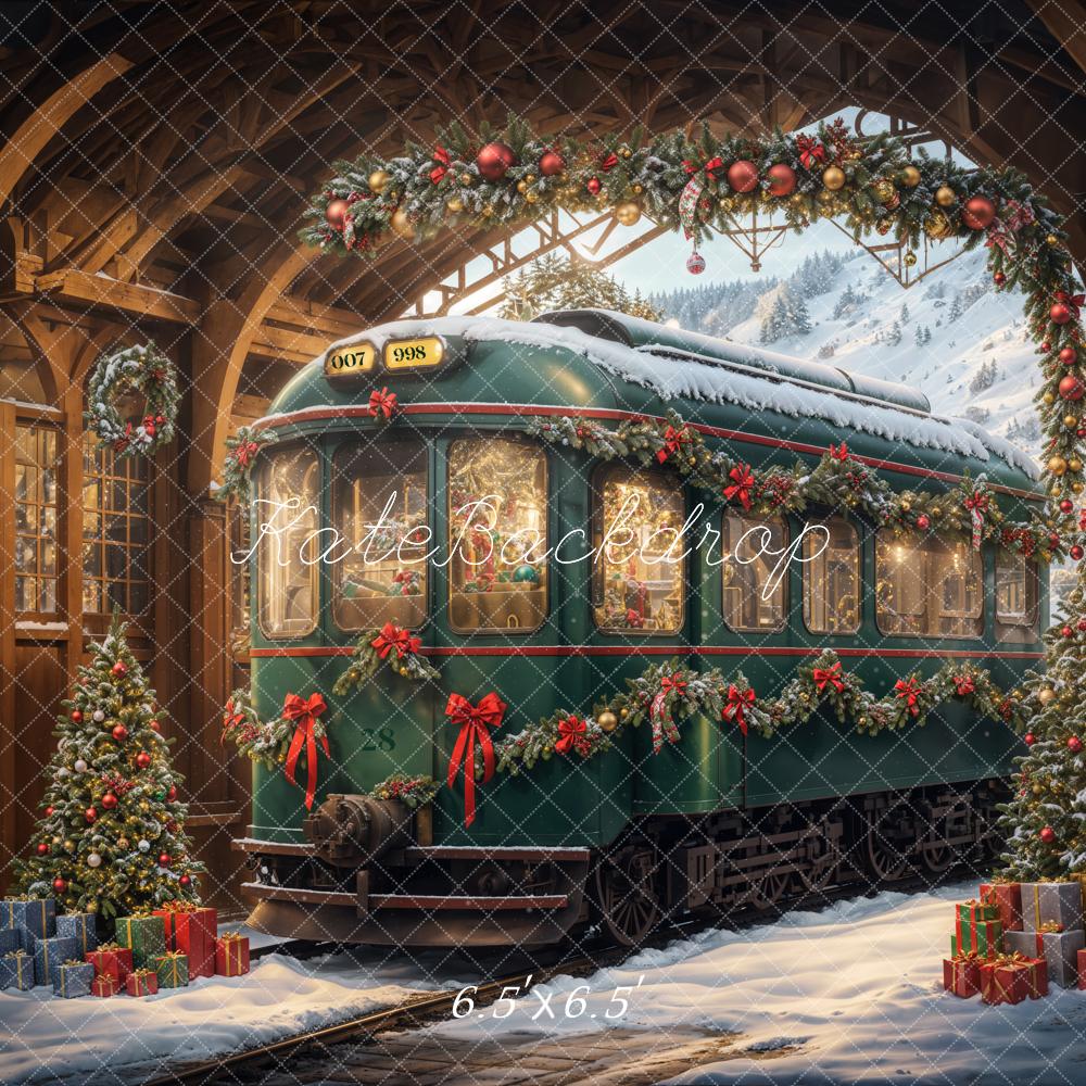 Kate Christmas Tree Green Retro Train Backdrop Designed by Emetselch - Image 2