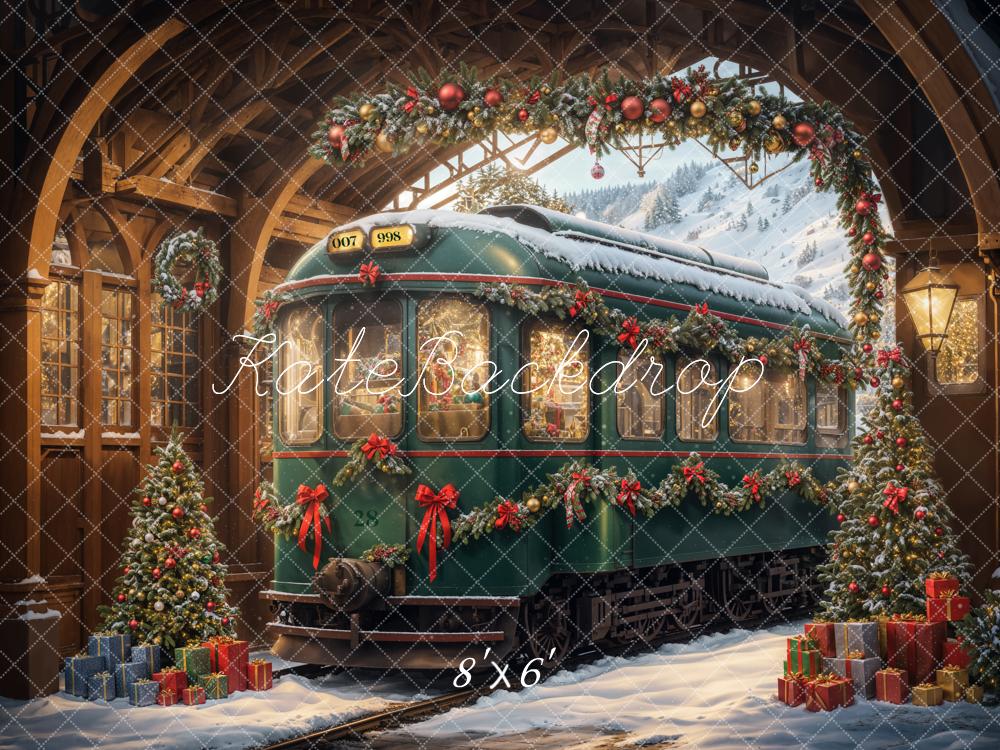 Kate Christmas Tree Green Retro Train Backdrop Designed by Emetselch - Image 3