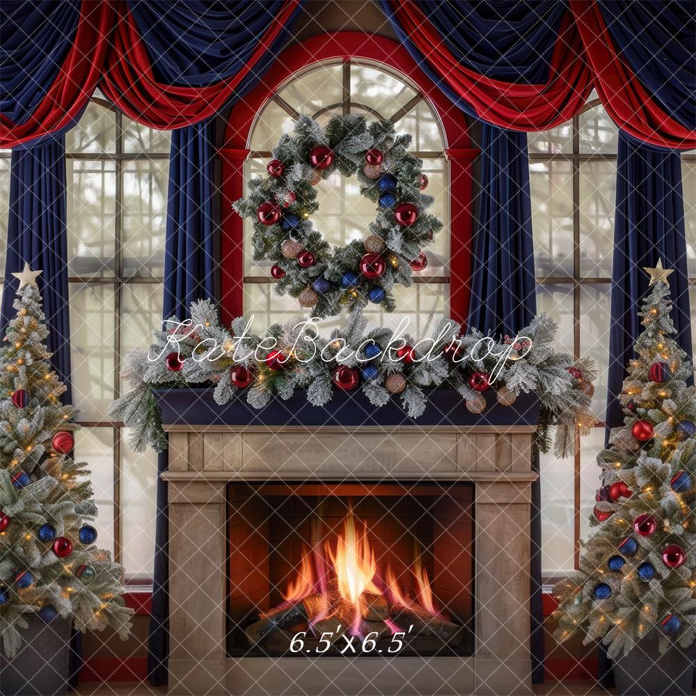 Kate Christmas Tree Navy Red Curtains Fireplace Backdrop Designed by Mini MakeBelieve - Image 2
