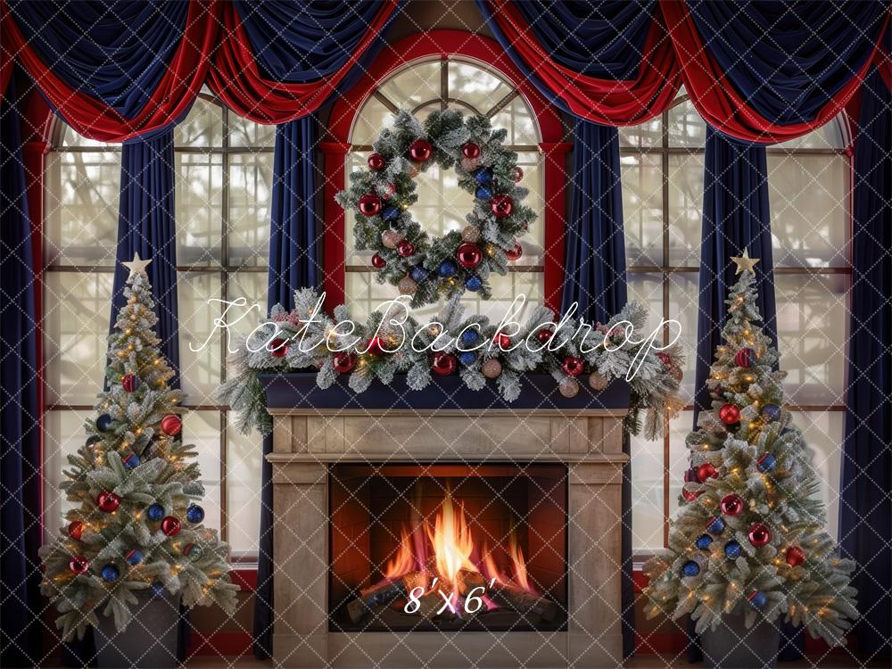 Kate Christmas Tree Navy Red Curtains Fireplace Backdrop Designed by Mini MakeBelieve - Image 3