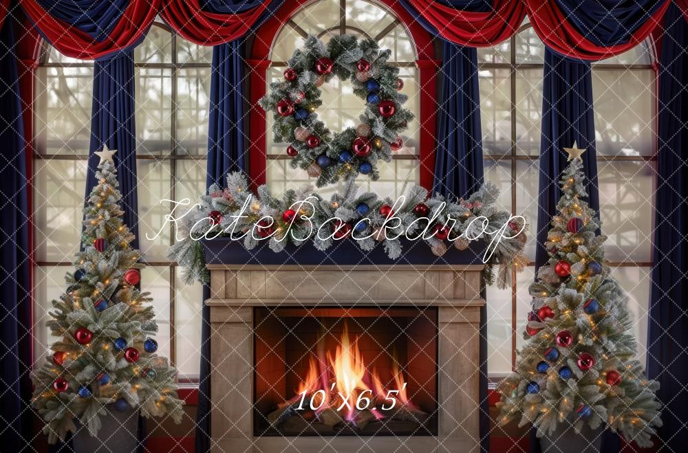 Kate Christmas Tree Navy Red Curtains Fireplace Backdrop Designed by Mini MakeBelieve - Image 4