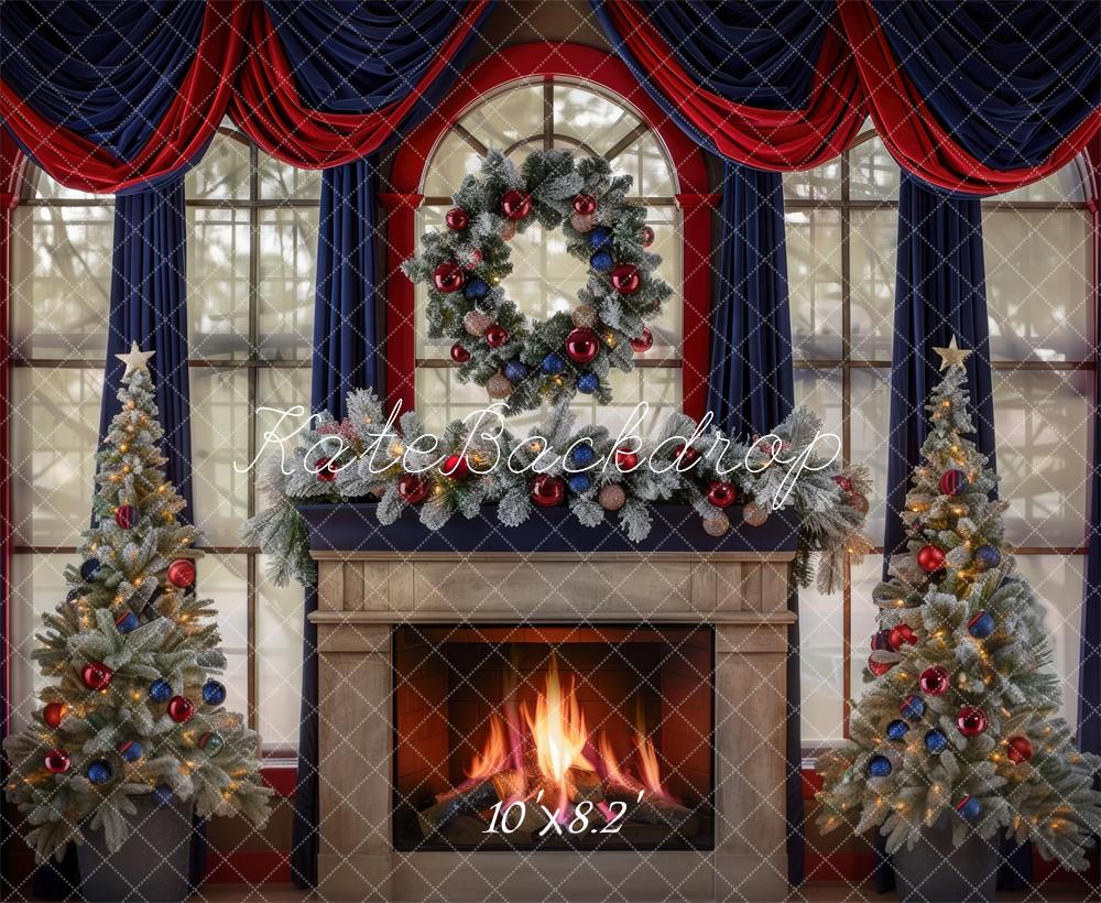 Kate Christmas Tree Navy Red Curtains Fireplace Backdrop Designed by Mini MakeBelieve - Image 5
