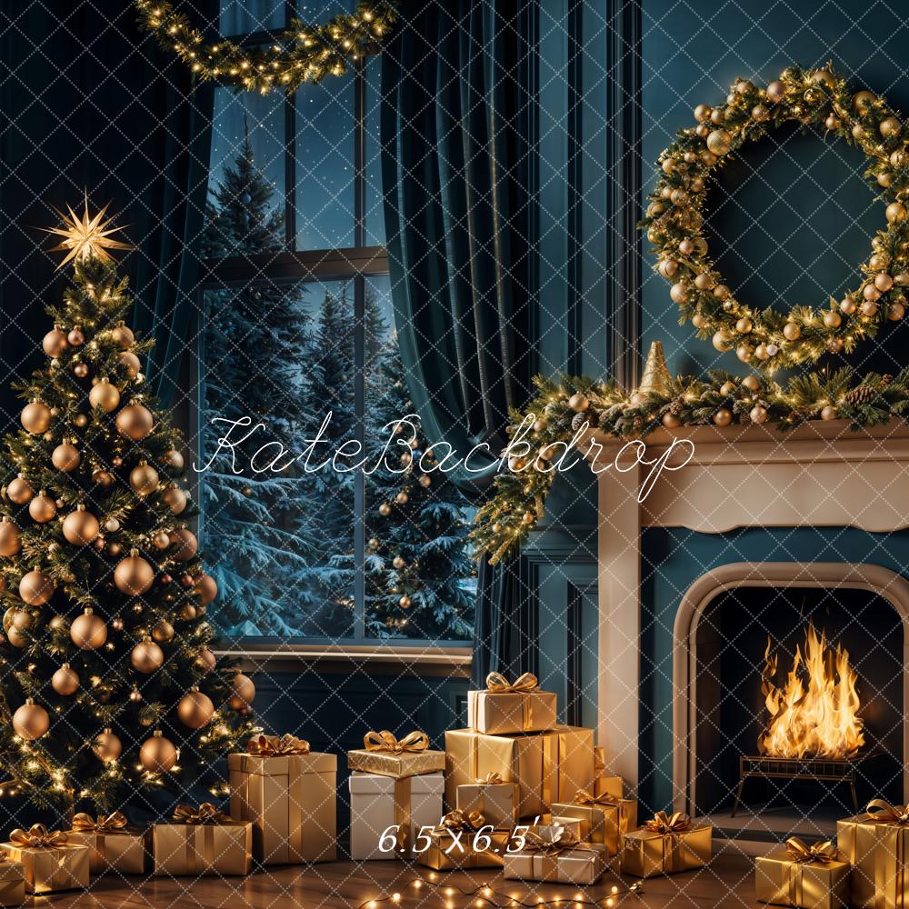 Kate Christmas Tree Night Fireplace Retro Backdrop Designed by Emetselch - Image 2