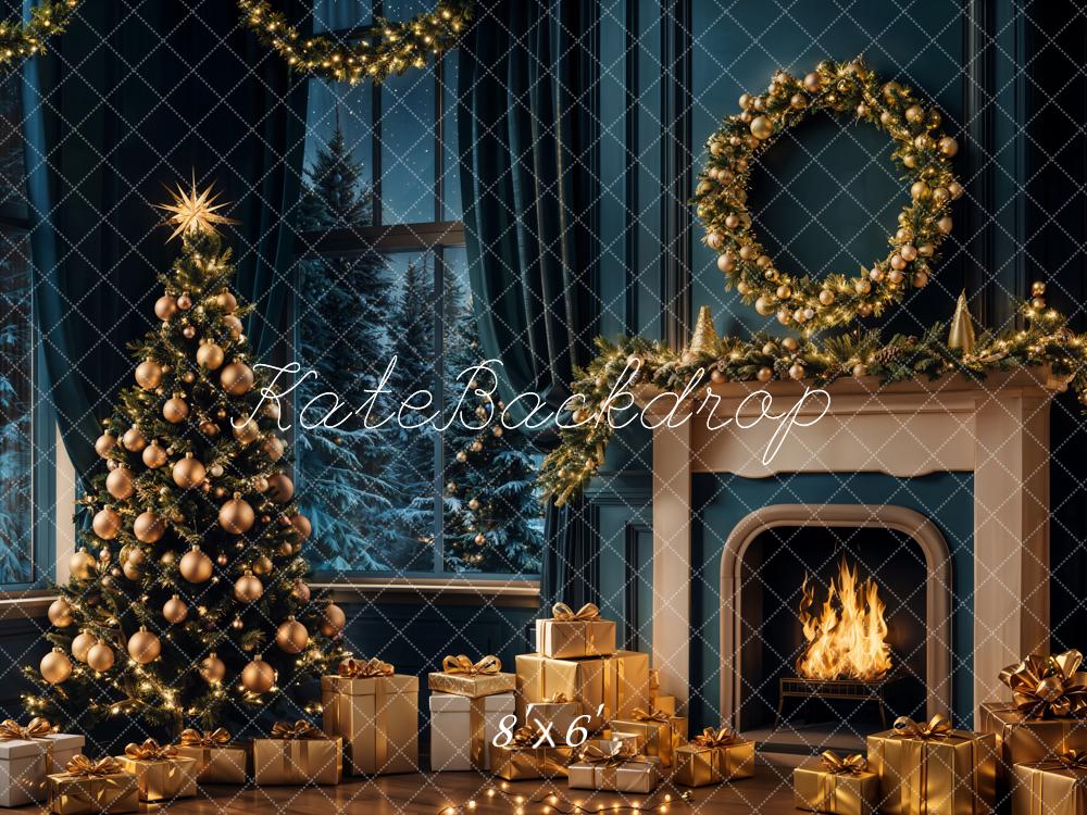 Kate Christmas Tree Night Fireplace Retro Backdrop Designed by Emetselch - Image 3