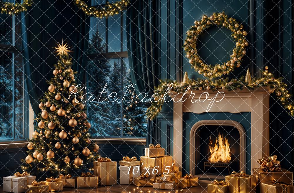Kate Christmas Tree Night Fireplace Retro Backdrop Designed by Emetselch - Image 4