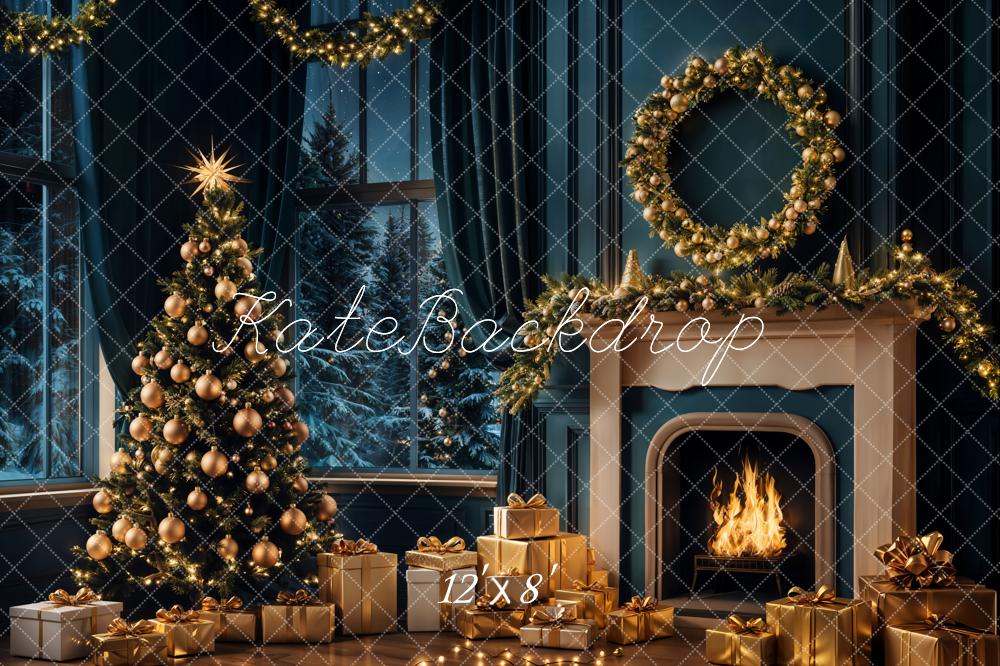 Kate Christmas Tree Night Fireplace Retro Backdrop Designed by Emetselch - Image 6