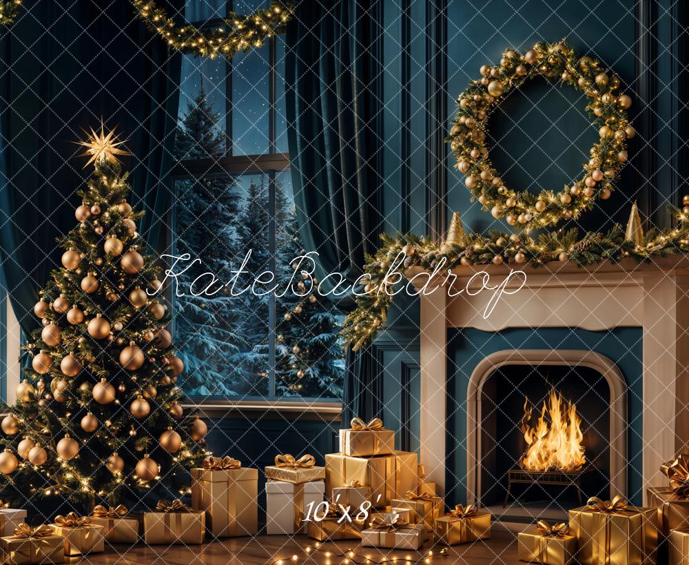 Kate Christmas Tree Night Fireplace Retro Backdrop Designed by Emetselch - Image 7