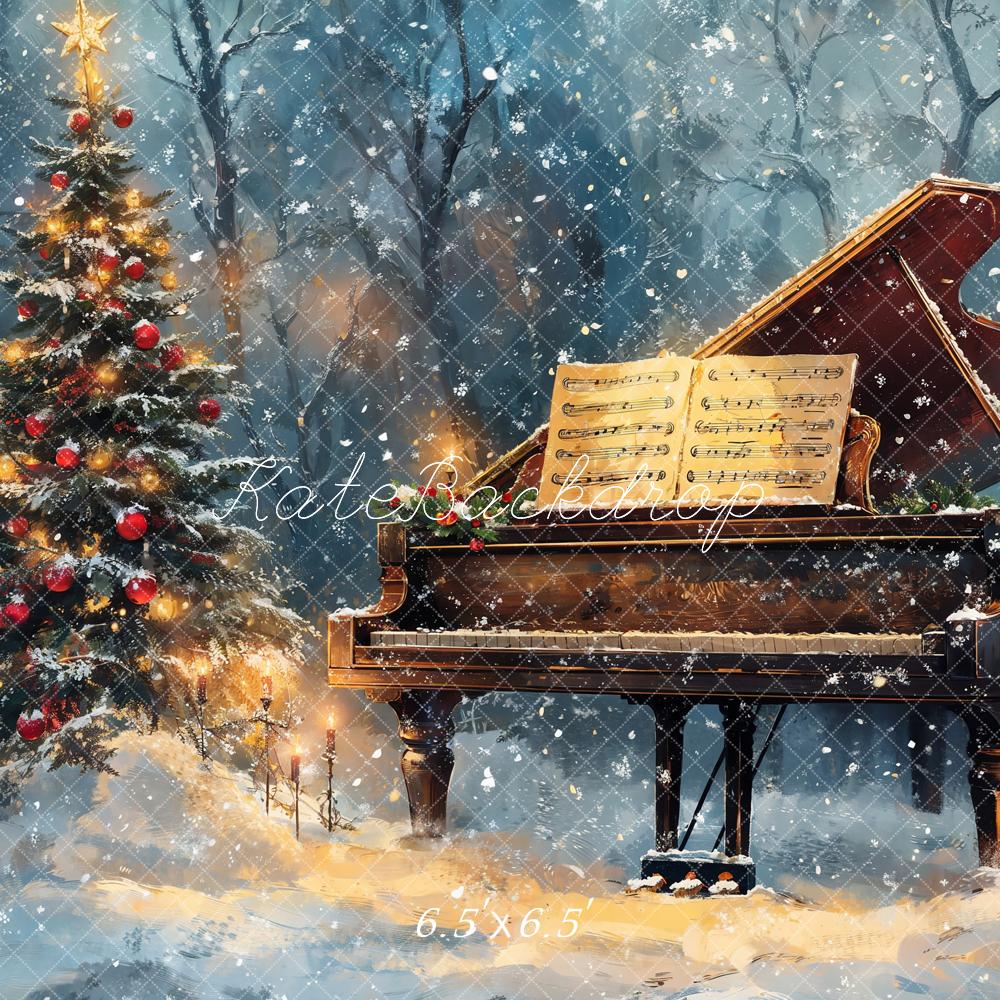 Kate Christmas Tree Piano Snowy Backdrop Designed by Emetselch - Image 2