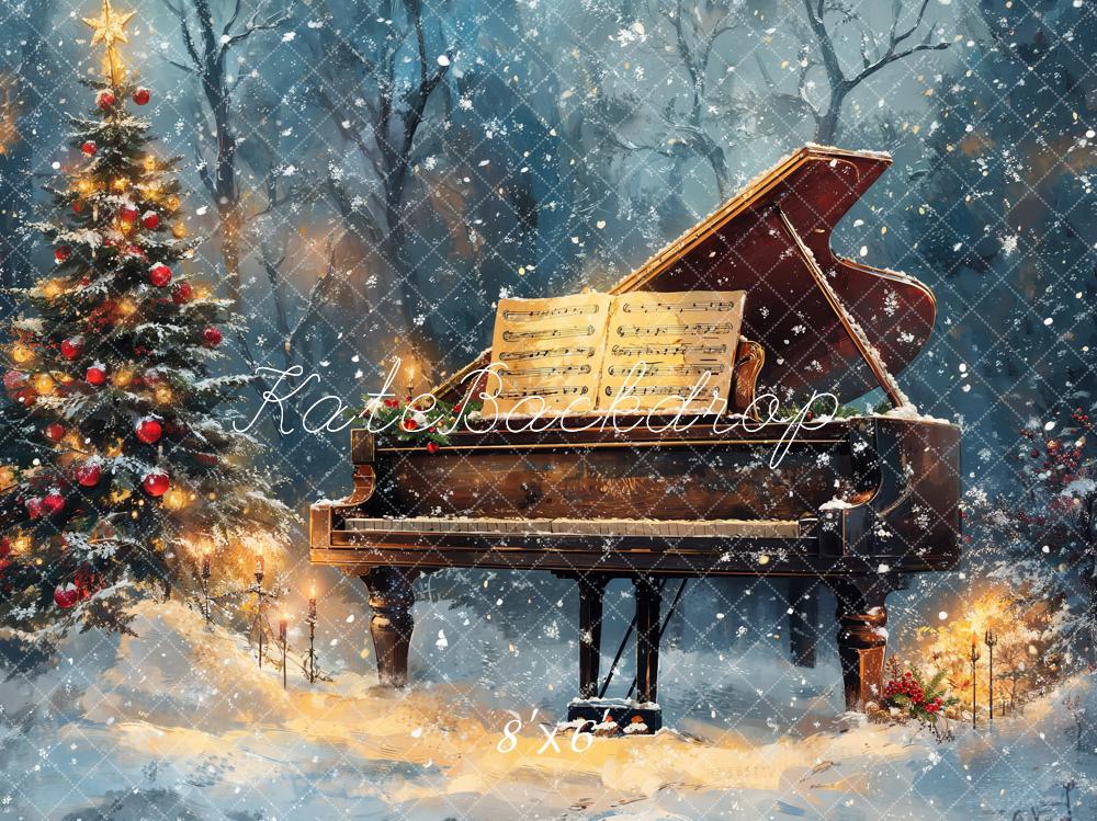 Kate Christmas Tree Piano Snowy Backdrop Designed by Emetselch - Image 3