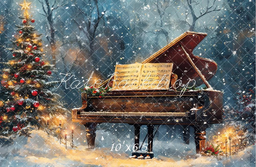 Kate Christmas Tree Piano Snowy Backdrop Designed by Emetselch - Image 4