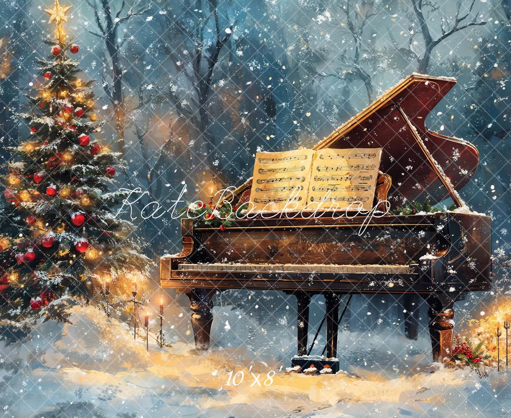 Kate Christmas Tree Piano Snowy Backdrop Designed by Emetselch - Image 6
