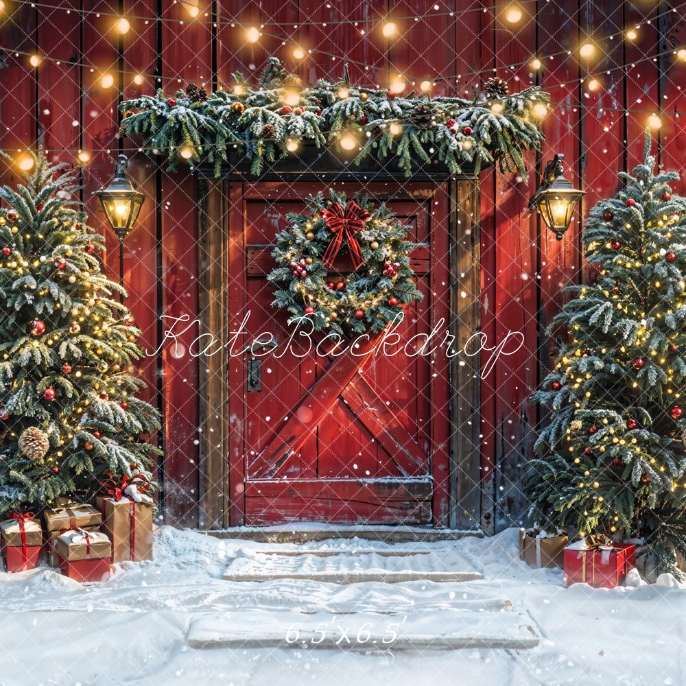 Kate Christmas Tree Red Barn Door Snow Backdrop Designed by Emetselch - Image 2