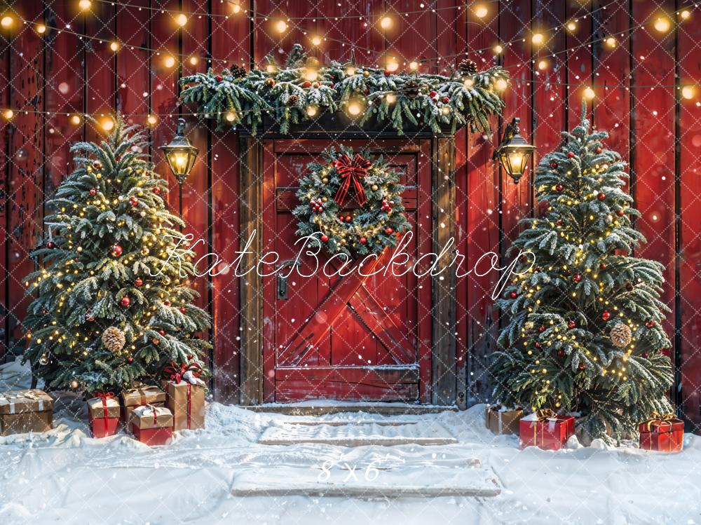 Kate Christmas Tree Red Barn Door Snow Backdrop Designed by Emetselch - Image 3