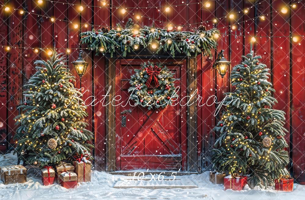 Kate Christmas Tree Red Barn Door Snow Backdrop Designed by Emetselch - Image 4