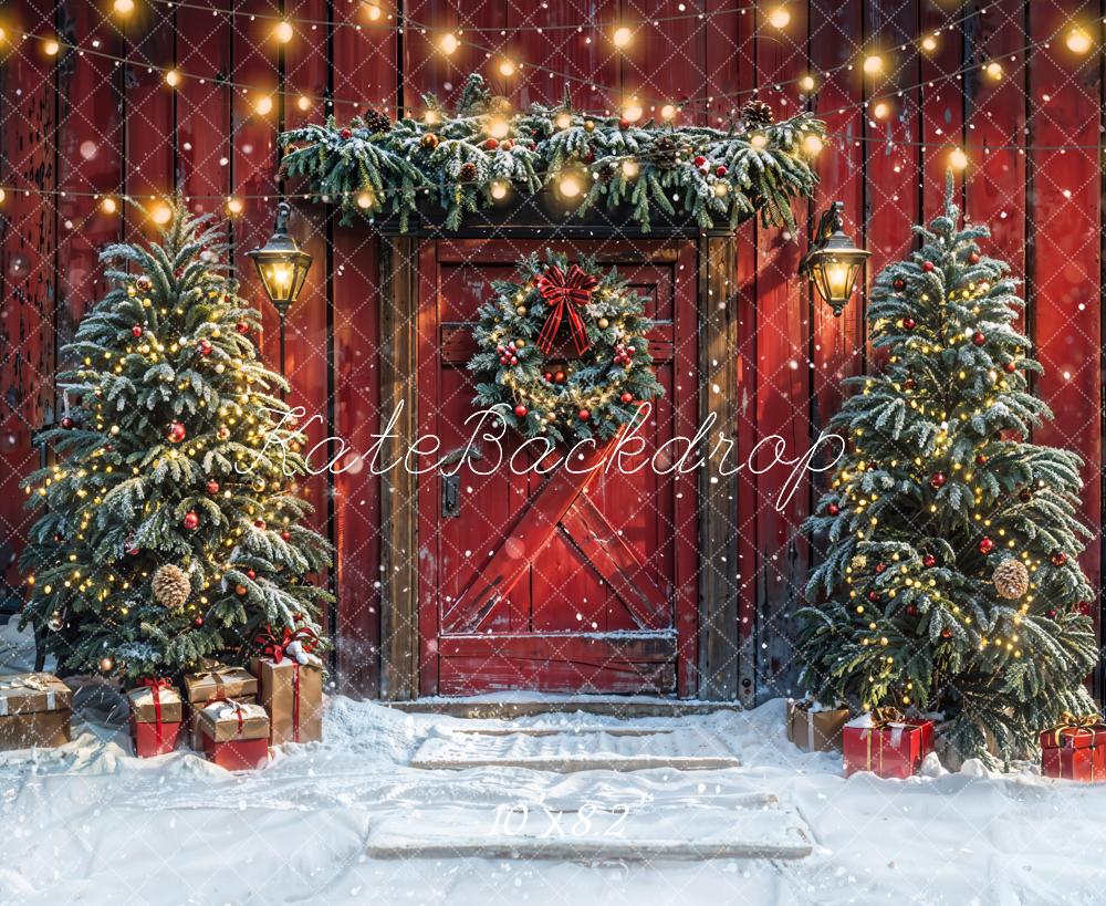 Kate Christmas Tree Red Barn Door Snow Backdrop Designed by Emetselch - Image 5