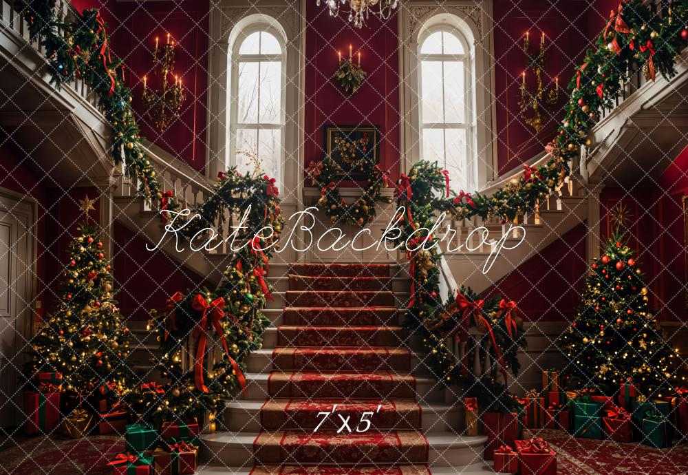 Kate Christmas Tree Red Retro Staircase Backdrop Designed by Emetselch - Image 2