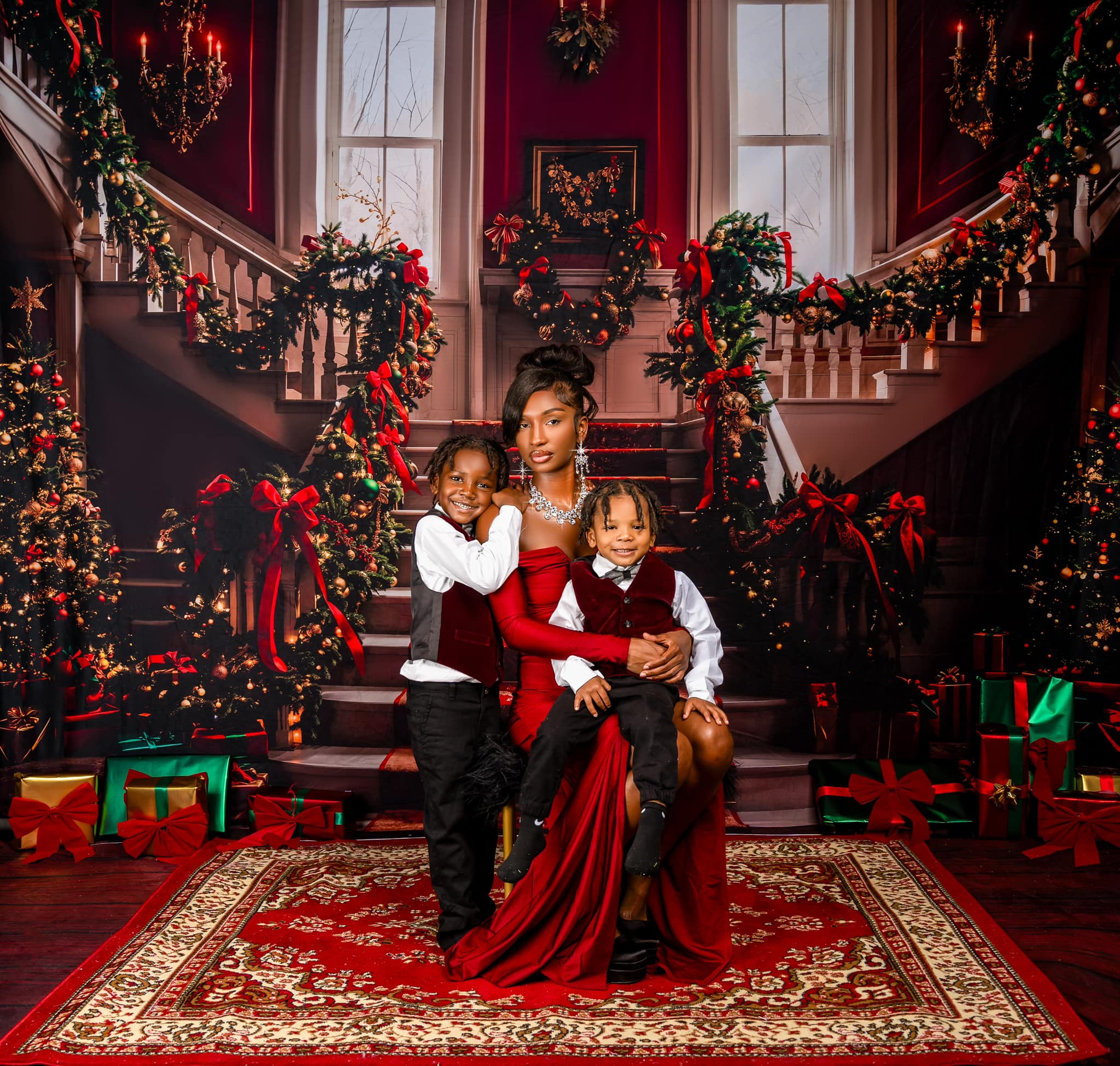 Kate Christmas Tree Red Retro Staircase Backdrop Designed by Emetselch - Image 3