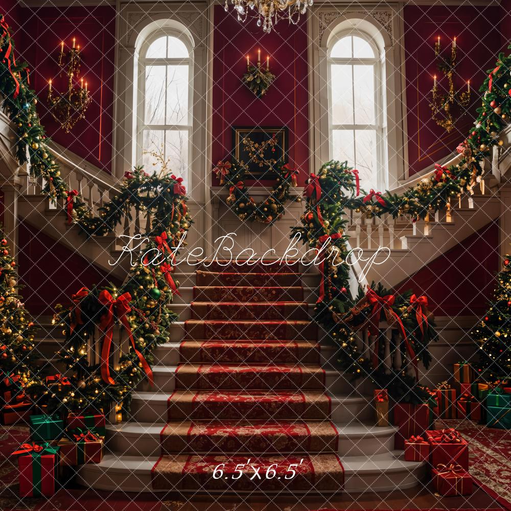 Kate Christmas Tree Red Retro Staircase Backdrop Designed by Emetselch - Image 4