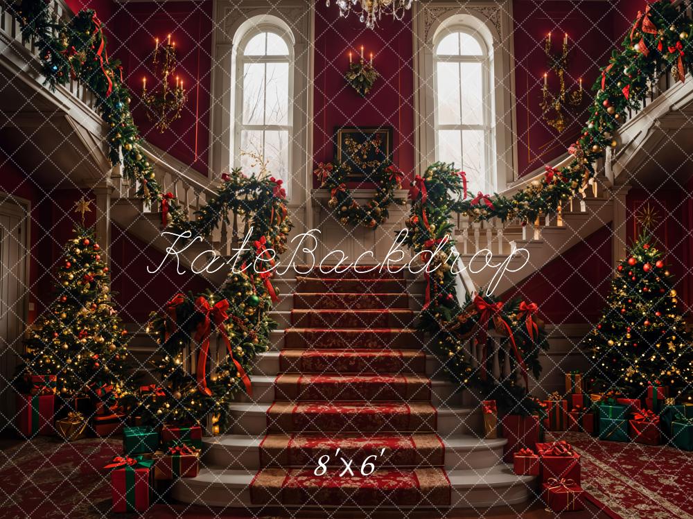 Kate Christmas Tree Red Retro Staircase Backdrop Designed by Emetselch - Image 5