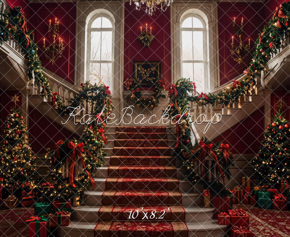 Kate Christmas Tree Red Retro Staircase Backdrop Designed by Emetselch - Image 7