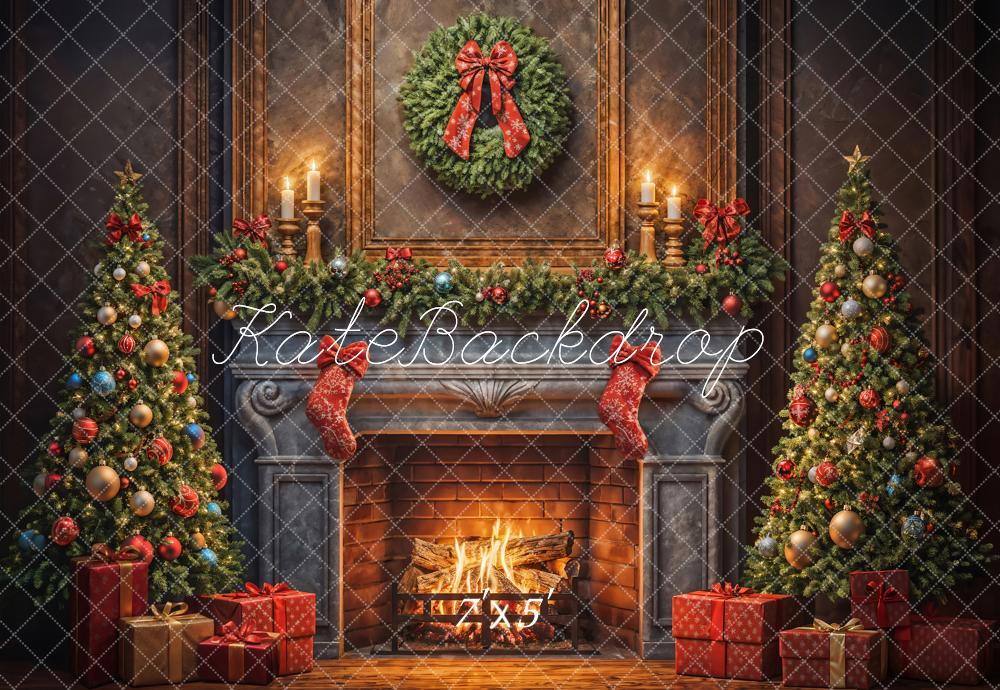 Kate Christmas Tree Red Sock Fireplace Backdrop Designed by Emetselch - Image 2