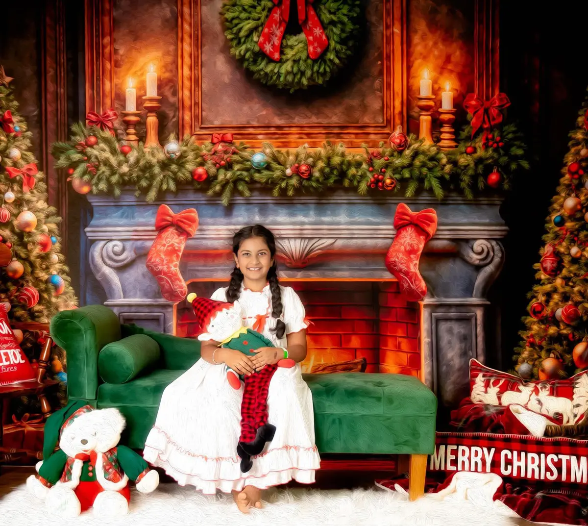 Kate Christmas Tree Red Sock Fireplace Backdrop Designed by Emetselch - Image 3