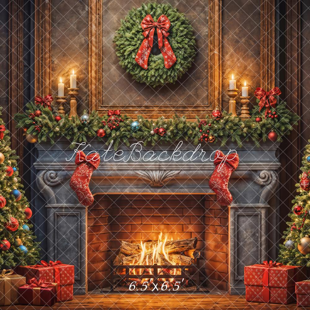 Kate Christmas Tree Red Sock Fireplace Backdrop Designed by Emetselch - Image 4