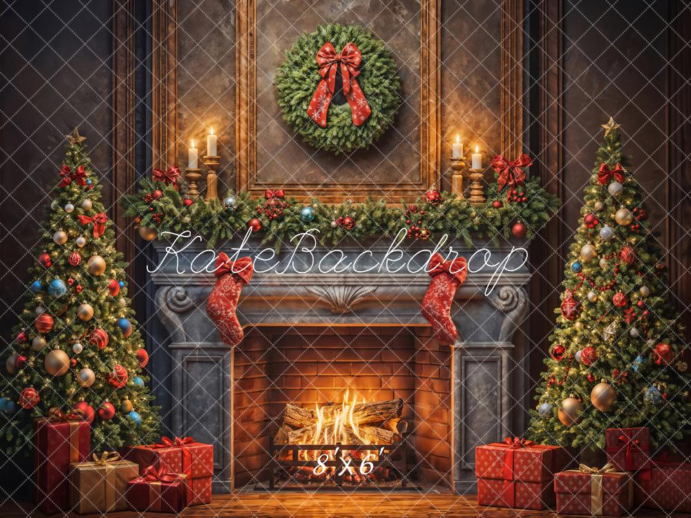 Kate Christmas Tree Red Sock Fireplace Backdrop Designed by Emetselch - Image 5