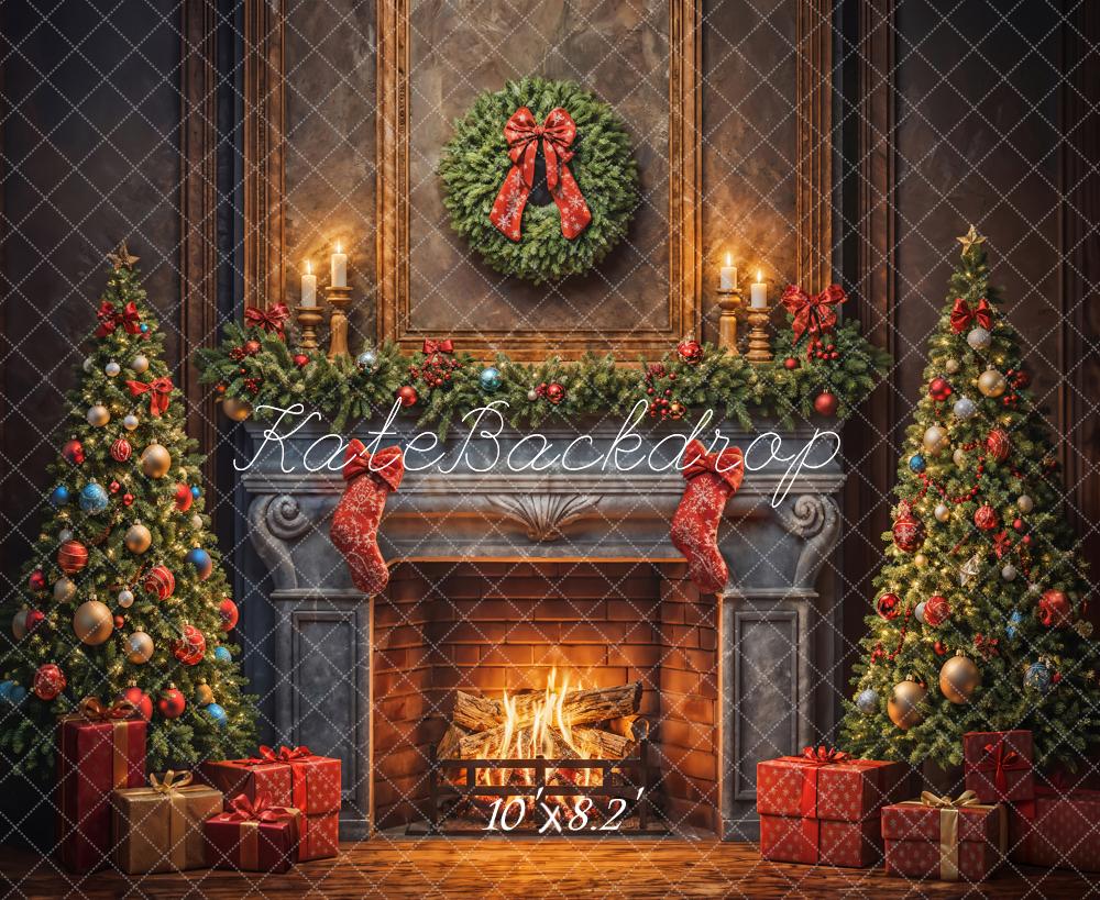 Kate Christmas Tree Red Sock Fireplace Backdrop Designed by Emetselch - Image 6