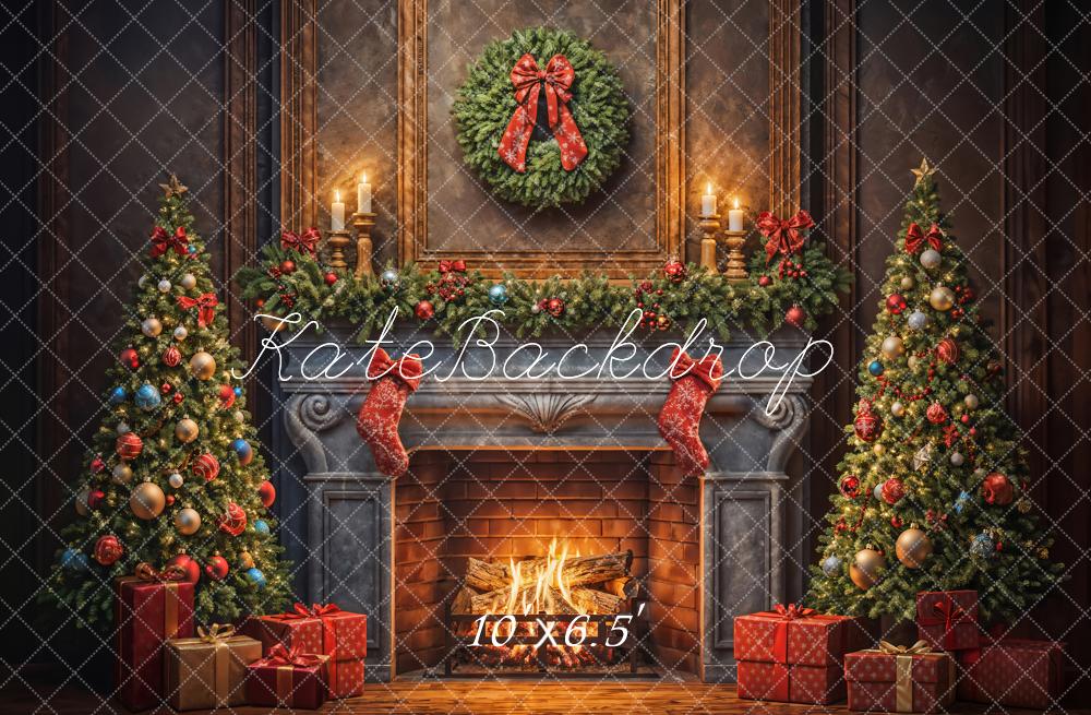 Kate Christmas Tree Red Sock Fireplace Backdrop Designed by Emetselch - Image 7