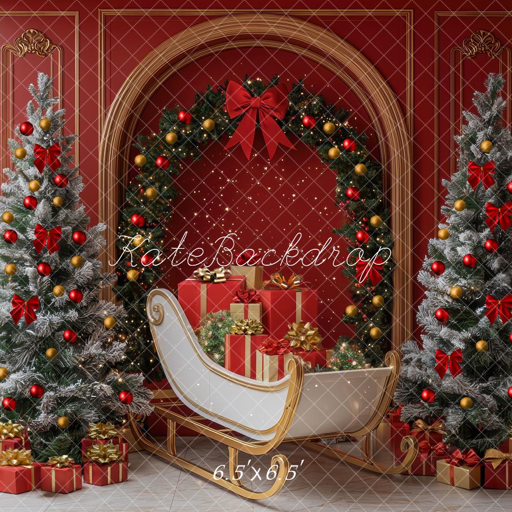 Kate Christmas Tree Sleigh Arch Red Wall Backdrop Designed by Mini MakeBelieve - Image 2