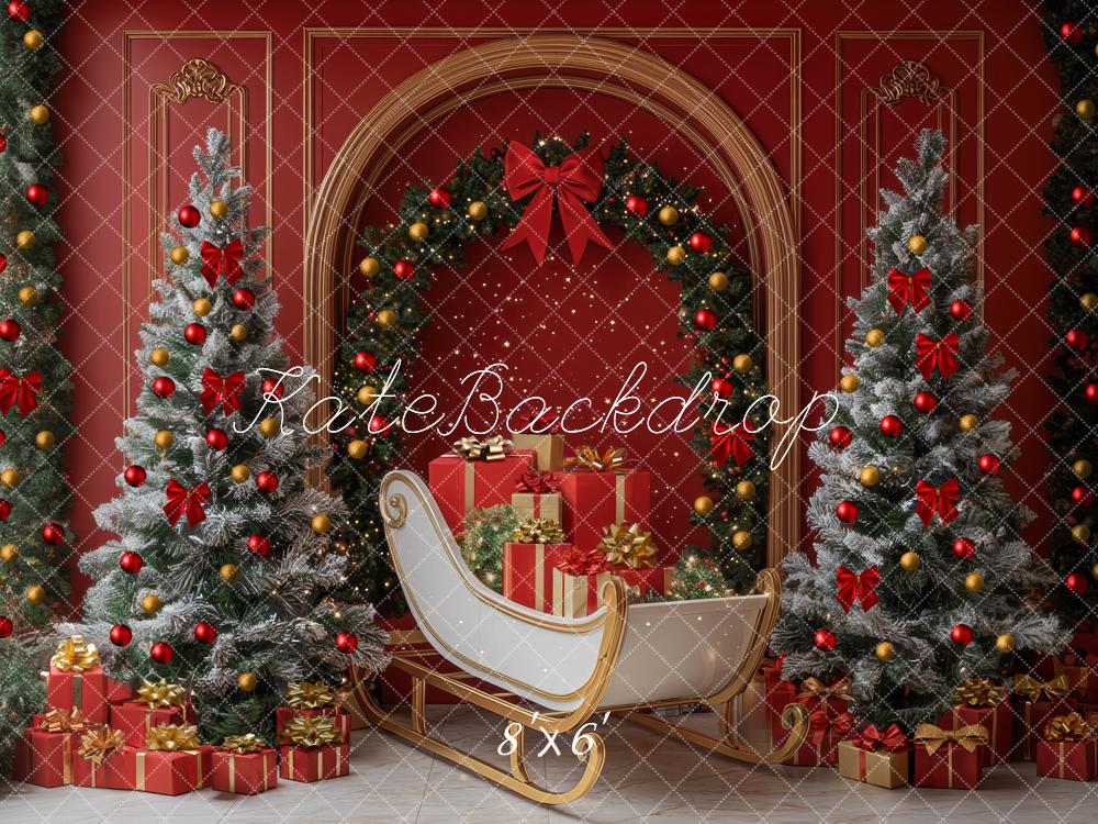 Kate Christmas Tree Sleigh Arch Red Wall Backdrop Designed by Mini MakeBelieve - Image 3