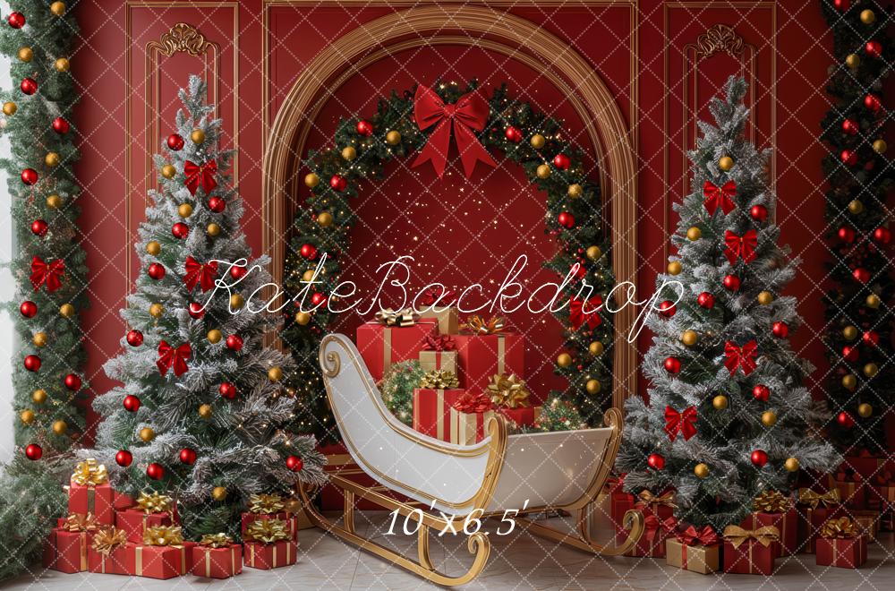 Kate Christmas Tree Sleigh Arch Red Wall Backdrop Designed by Mini MakeBelieve - Image 4