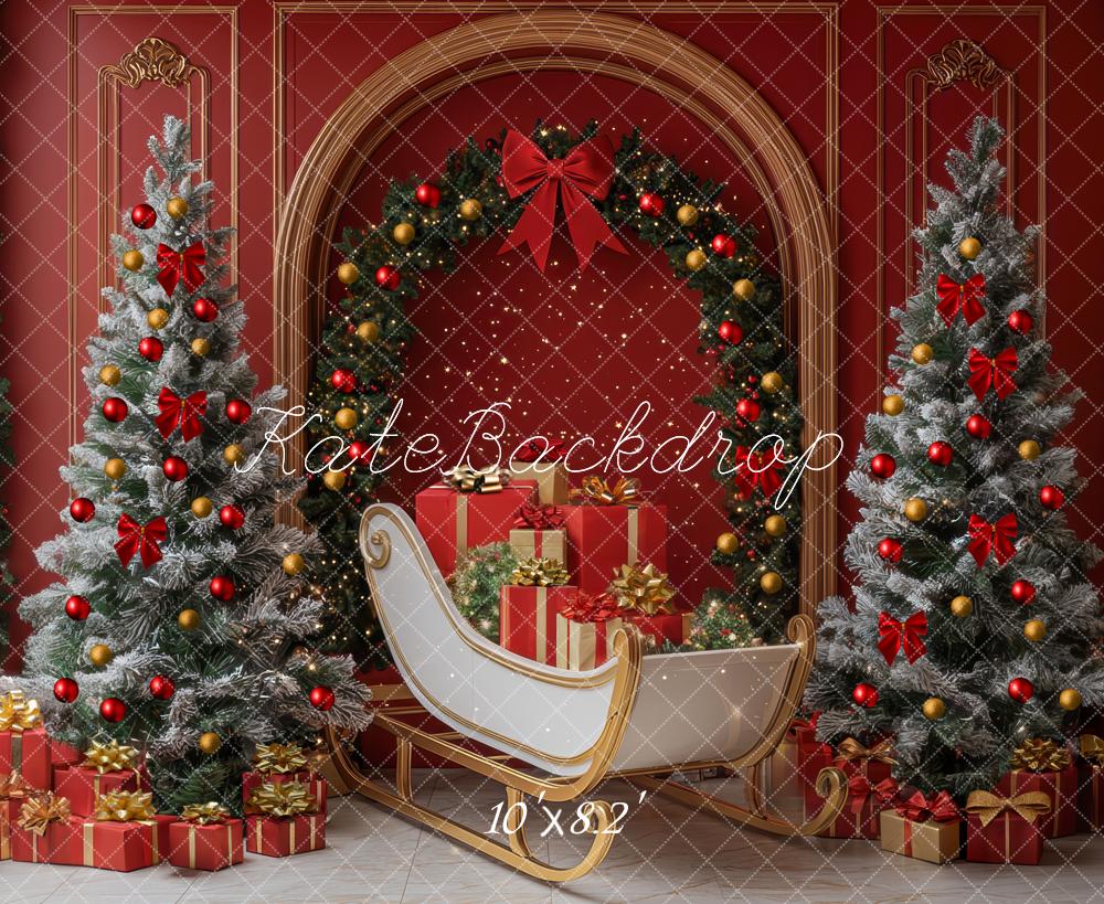 Kate Christmas Tree Sleigh Arch Red Wall Backdrop Designed by Mini MakeBelieve - Image 5