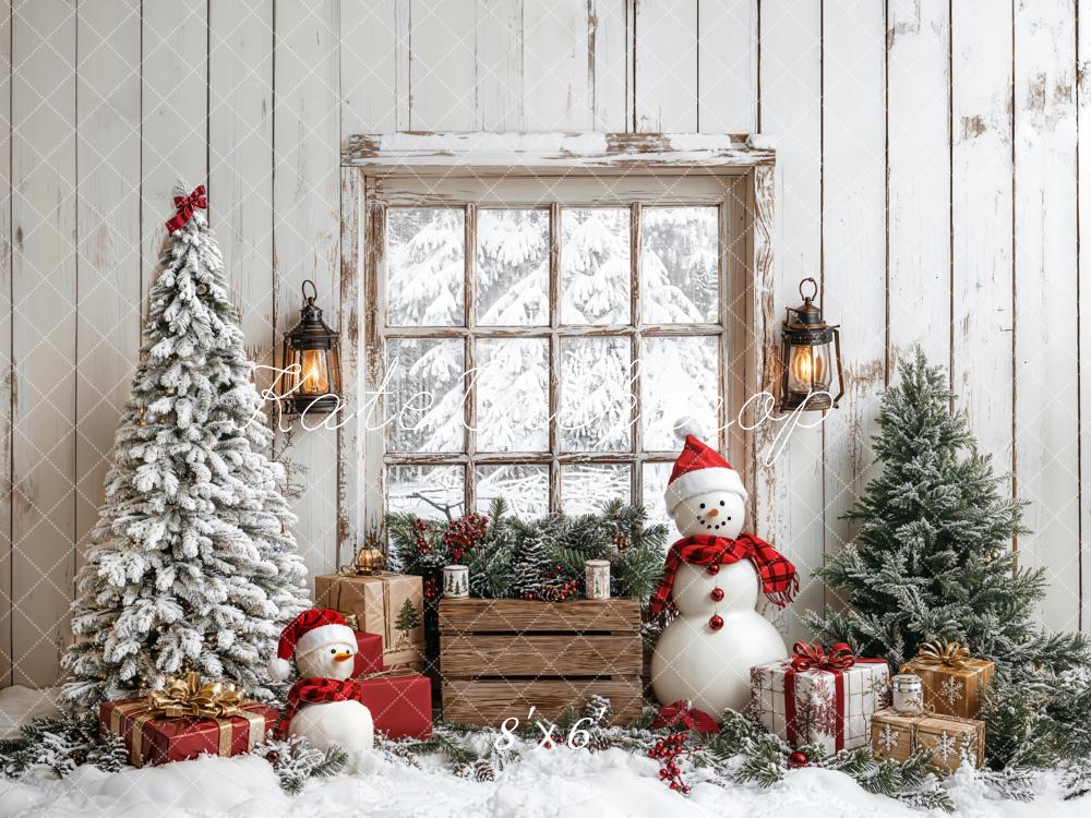 Kate Christmas Tree Snowman Window Wood Backdrop Designed by Emetselch - Image 3