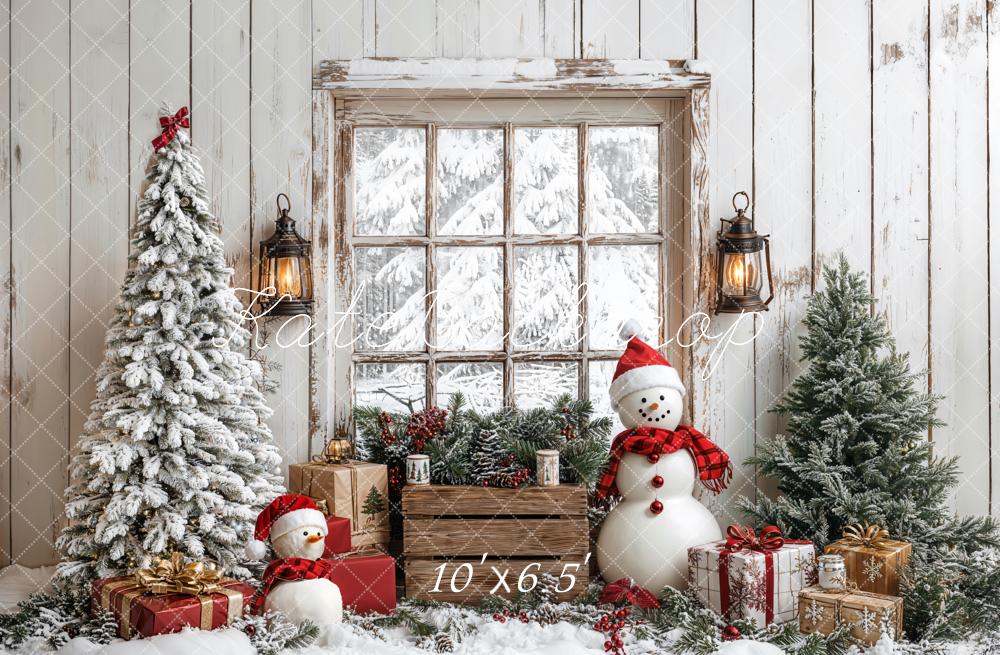 Kate Christmas Tree Snowman Window Wood Backdrop Designed by Emetselch - Image 4